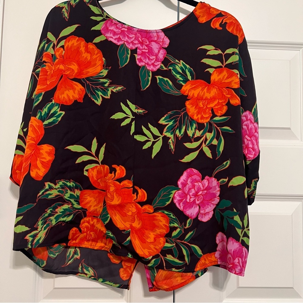 Express Black Blouse with Orange and Pink Floral Design